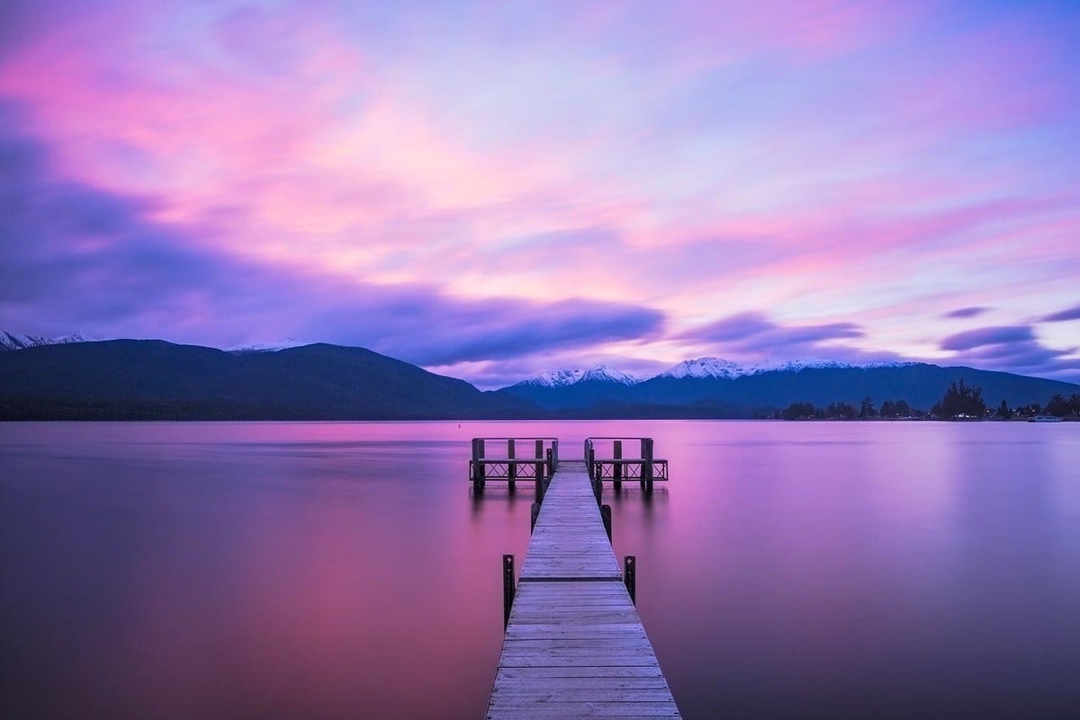 dock on lake at sunset