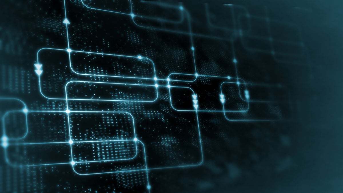 3D Rendering of Digital abstract technology. Blue color computer software flow chart on data science